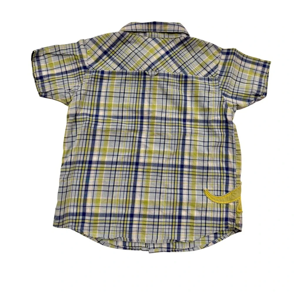 2006 Gymboree Boys Blue Green Plaid Dinosaur Applique Button Down Shirt 2T VTG